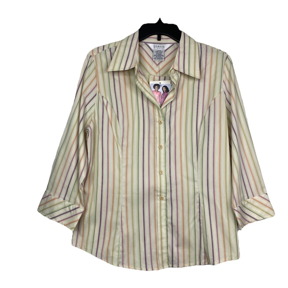 George Stretch Whipped Cream Colorful Pin-stripe Button Up Women's L 3/4‎ Sleeve